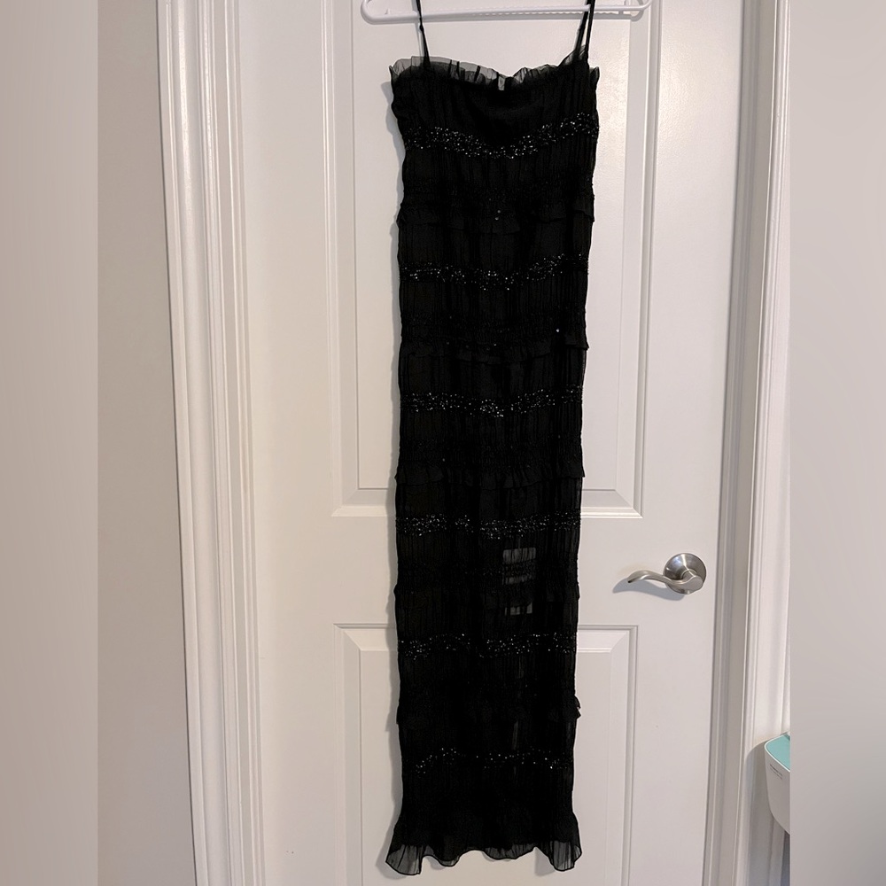 COMMENSE Black long dress with spaghetti straps, chiffon and sequins size XS